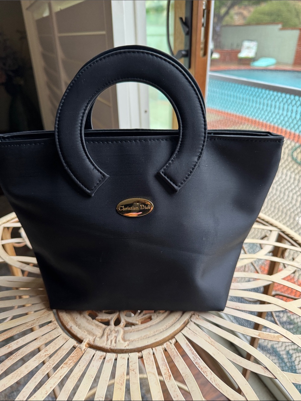 Dior Black Satin Circle Handle Tote with Gold Plaque